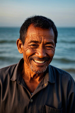 Portrait of smiling elderly man by the seaの素材