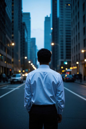 Man with his back in the urban nightの素材