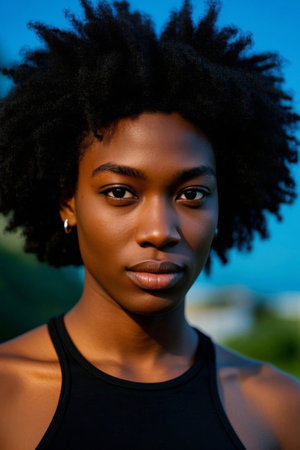 Portrait of African American woman sunny outdoorsの素材