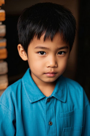 Portrait of little Asian boy in blue shirtの素材