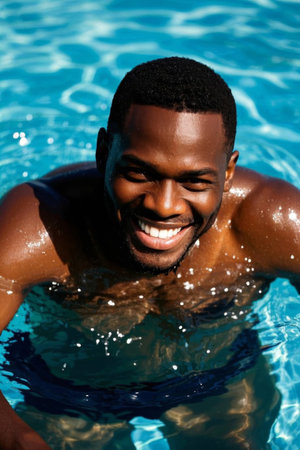 Happy black man playing in the poolの素材