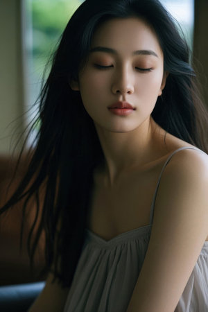 The side profile photo of the beautiful woman is gentle and quietの素材