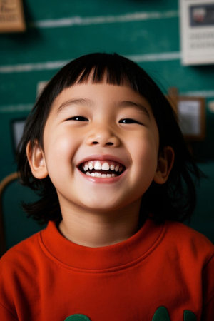Happy smiling little girl red photoの素材