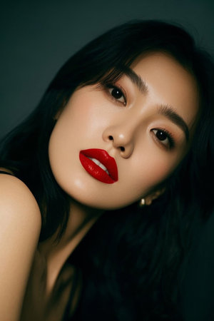 Close up of a beautiful woman with red lips and charming eyesの素材