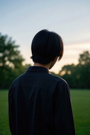 A boy in a black shirt under the sunset in the eveningの素材