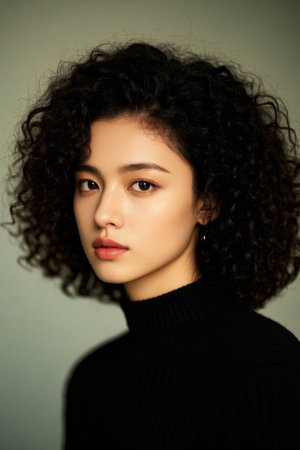 Curly Hair Women's Black Turtleneck Sweater Photoの素材