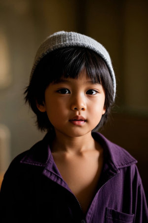 Cute kid portrait photo wearing purple coatの素材