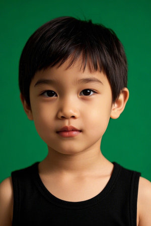Cute Asian little boy photo with green backgroundの素材
