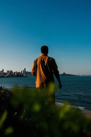 The back of a man looking out over the city sea viewの素材