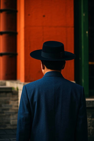 A man in black with a top hat standing in front of a buildingの素材