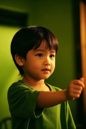 Cute child's profile picture with green backgroundの素材