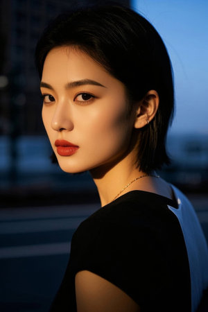 Stylish profile photo of a woman, full of light and shadowの素材