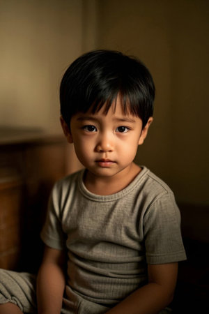 Portrait of a little boy in grayの素材