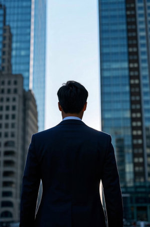 Back of a man in a suit silhouettes urban buildingsの素材