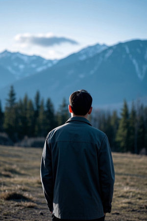The man looks at the snowy mountain scenery from behindの素材