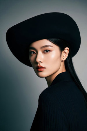 Portrait of a beautiful asian woman in hat and black dressの素材