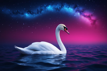 White swans on the water under the starsの素材