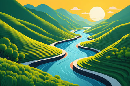 Winding river flows among the green mountainsの素材