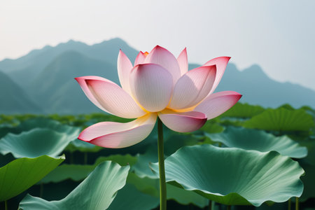 Blooming lotus flowers and distant mountain green leavesの素材