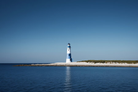 Blue and white lighthouse scenery at seaの素材