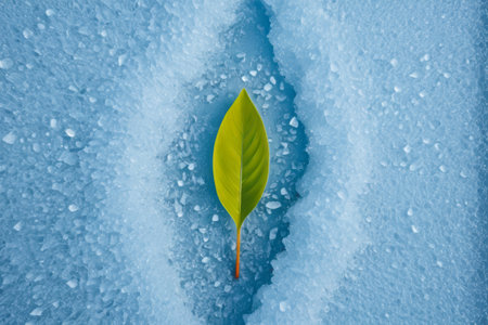 Close up of green leaves on ice and snowの素材