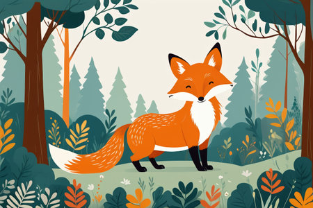 Cartoon fox illustration in the forestの素材