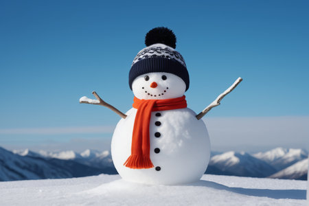 Snowman wearing hat and scarf against the backdrop of snow capped mountainsの素材