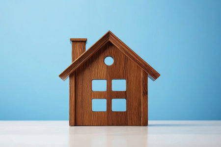 Wooden small house model in front of blue backgroundの素材