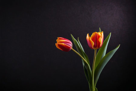 Close up of two red and yellow tulipsの素材
