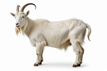 Close up of a standing white goatの素材