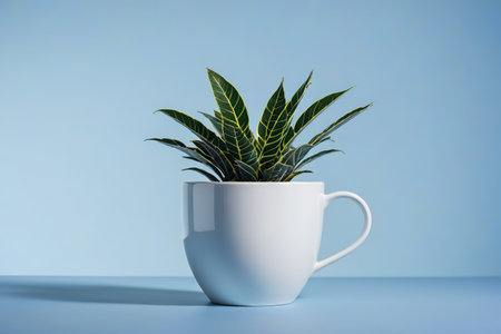 Close up of green plants in white cupsの素材