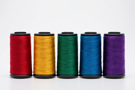 Close up of multi color sewing thread spoolの素材