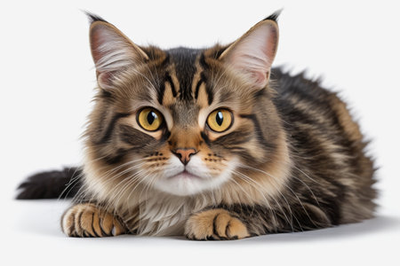 The long haired cat lies on its stomach and looks directly at the materialの素材