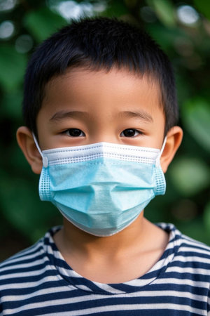 Outdoor portrait of a little boy wearing a maskの素材