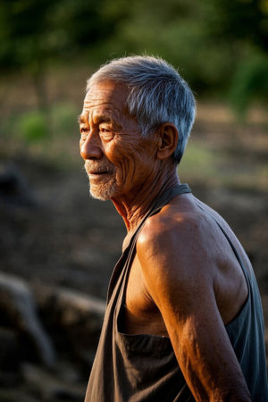 Weathered elderly man at sunsetの素材