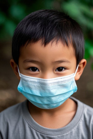 Portrait of little Asian boy wearing maskの素材