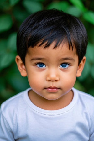 Cute blue eyes baby outdoor photoの素材