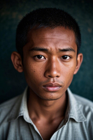 Portrait of young Asian man with melancholic eyesの素材