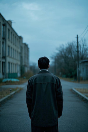 Man with back standing on empty streetの素材