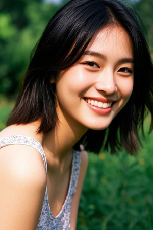 Young girl with sweet smile in the sunの素材