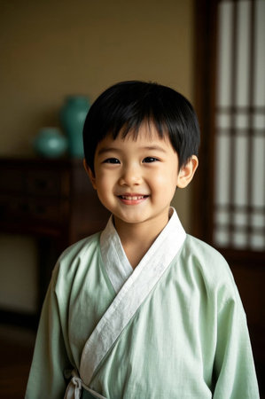 Cute little boy in hanbok smilingの素材