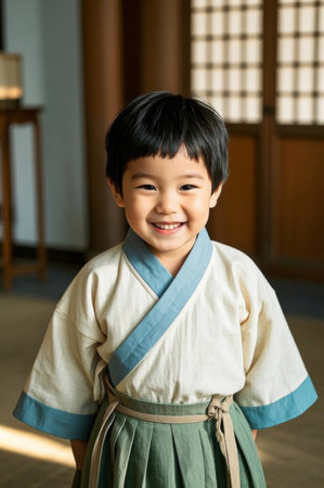 Cute boy in period costume smiling brightlyの素材