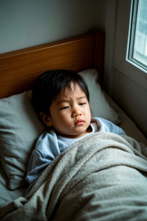 Sick children rest in bedの素材