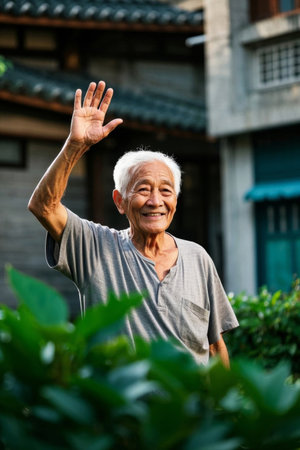 Smiling old man waves to the pastoral sceneryの素材