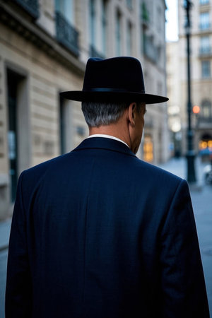 Man with back wearing black hat walking on streetの素材