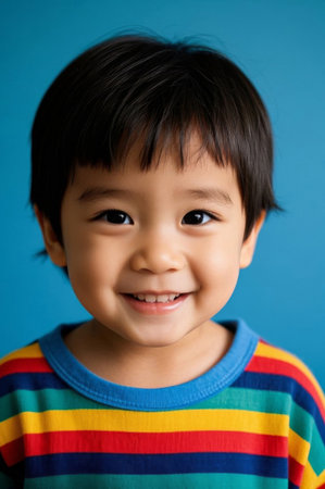 Happy smiling rainbow shirt boyの素材