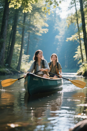Sisters canoeing in a forest riverの素材