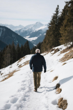 Old man walking on the snowy mountain trailの素材