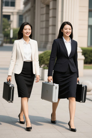 Two working women stroll the block with briefcasesの素材