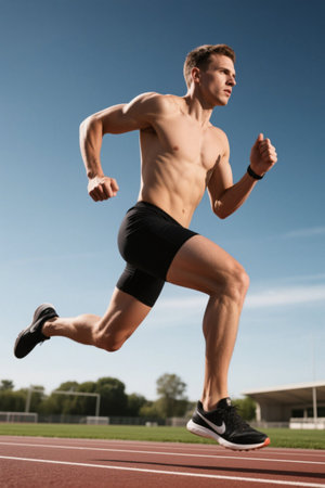 Bodybuilders running on the trackの素材